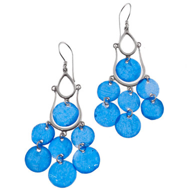 925 Silver Windchime Blue Capiz Shell Chandelier Earrings, 2 1/2"