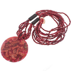 Handmade Round Red Coral Pendant Beads Necklace, 19"