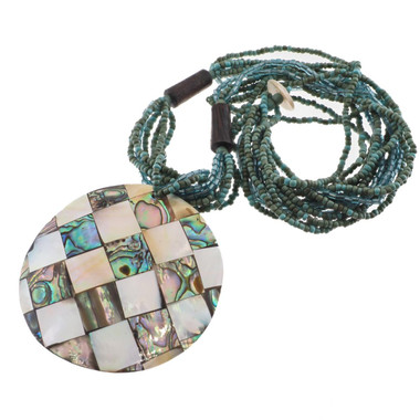 Paua Mother Of Pearl Shell Mosaic Turquoise Beads Necklace, 2"
