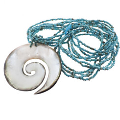 Maori Koru Mother Of Pearl Shell Turquoise Glass Beads Necklace, 2 3/16"
