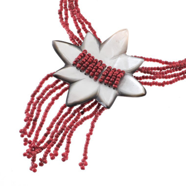 Star Mother Of Pearl Shell Coral Red Glass Beads Necklace, 2 3/4"