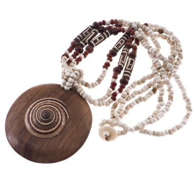 Round Wood Pendant Beige Beads Sundial Shell Necklace, 2 5/16"