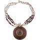 Round Wood Pendant Beige Beads Sundial Shell Necklace, 2 5/16"