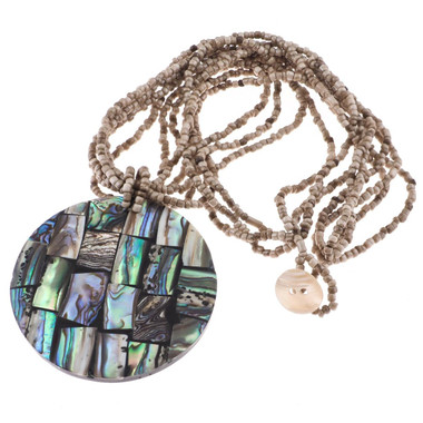 Big Paua Abalone Shell Mosaic Beige Beads Necklace, 2 3/8"