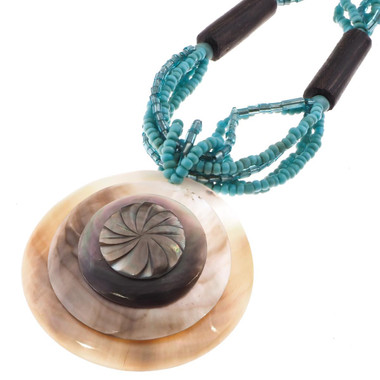 45mm Mother Of Pearl Shell Turquoise Glass Seed Beads Necklace, 19"