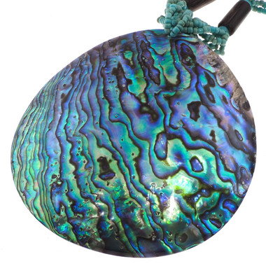 Huge Round Paua Abalone Shell Turquoise-tone Glass Beads Necklace, 3 1/8"