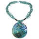 Huge Round Paua Abalone Shell Turquoise-tone Glass Beads Necklace, 3 1/8"