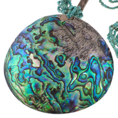 Huge Round Paua Abalone Shell Turquoise-tone Glass Beads Necklace, 3 1/8"