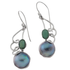 925 Silver Blue South Pacific Mabe Pearl Green Emerald Sterling Earrings, 1"