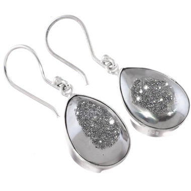 Teardrop Silver Mist Titanium Druzy 925 Silver Earrings, 13/16"