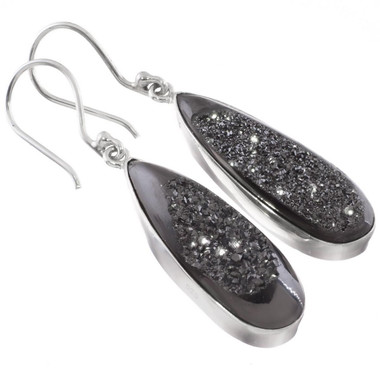 925 Silver Teardrop Black Titanium Pear Druzy Agate Sterling Earrings, 1"