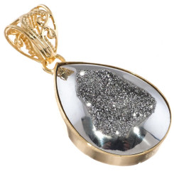 Vermeil Gold 925 Silver Mist Pear Teardrop Titanium Druzy Sterling Pendant, 1.5"