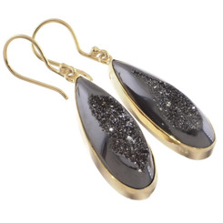 Vermeil Gold 925 Silver Pear Black Titanium Druzy Agate Sterling Earrings, 1"