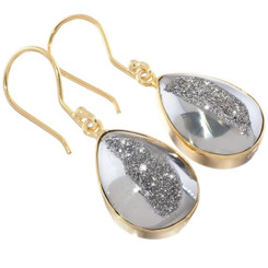Vermeil Gold 925 Silver Mist Titanium Druzy Agate Sterling Drop Earrings, 7/8"