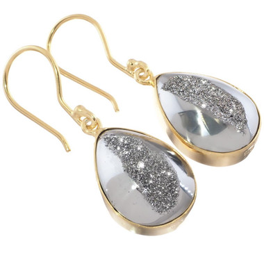Vermeil Gold 925 Silver Mist Titanium Druzy Agate Sterling Drop Earrings, 7/8"