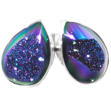 925 Silver Pear Peacock Purple Green Titanium Agate Druzy Stud Earrings, 0.6"