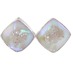 925 Silver Square Opalescent White Titanium Agate Druzy Post Earrings, 0.7"