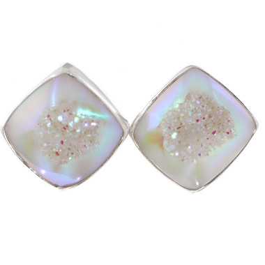 925 Silver Square Opalescent White Titanium Agate Druzy Post Earrings, 0.7"