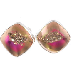 925 Silver Square Peach Pink Titanium Agate Druzy Stud Post Earrings, 0.5"