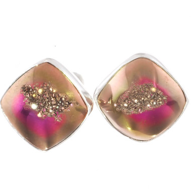 925 Silver Square Peach Pink Titanium Agate Druzy Stud Post Earrings, 0.5"