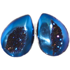 925 Silver Teardrop Cobalt Blue Titanium Druzy Agate Post Earrings, 0.7"