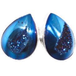 925 Silver Teardrop Cobalt Blue Titanium Druzy Agate Post Earrings, 0.7"