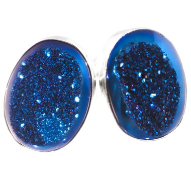 925 Silver Oval Cobalt Deep Blue Titanium Agate Druzy Post Earrings, 0.7"