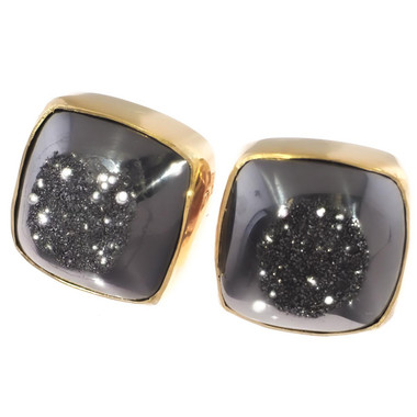 Vermeil Gold 925 Silver Square Black Titanium Agate Druzy Stud Earrings, 0.5"