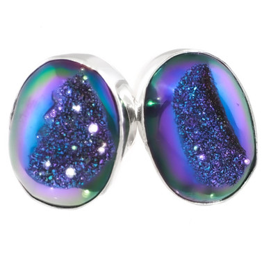 925 Silver Oval Peacock Purple Green Titanium Agate Druzy Stud Earrings, 0.6"