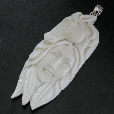 925 Silver Totem Horse Goddess Handcarved Bison Bone Carving Pendant, 3 1/2"