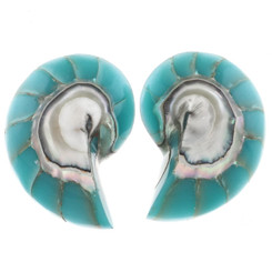 925 Silver Turquoise Blue Resin Fill Nautilus Shell Sterling Stud Earrings, 1.3"