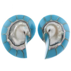 925 Silver Turquoise Blue Resin Fill Nautilus Shell Sterling Stud Earrings, 1.3"