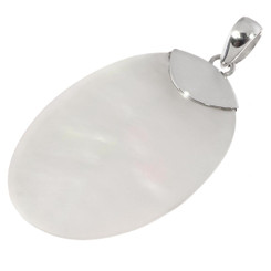 925 Silver Oval Oyster Mother Of Pearl Shell Disc Sterling Pendant, 2"