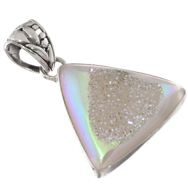 925 Silver Trillion White Opal Titanium Agate Druzy Sterling Pendant, 1.2"