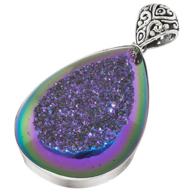 925 Silver Pear Peacock Purple Green Titanium Agate Druzy Sterling Pendant, 2.2"