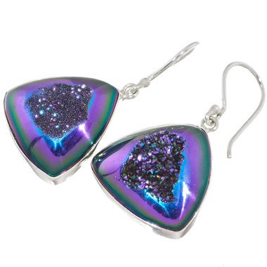 925 Silver Trillion Peacock Purple Green Titanium Druzy Sterling Earrings, 7/8"