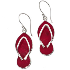 925 Silver Flip Flops Beach Sandals Genuine Red Coral Sterling Earrings, 0.9"