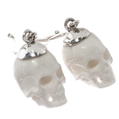 925 Silver Dainty Hand Carving Skull Buffalo Bone Sterling Dangle Earrings, 0.6"