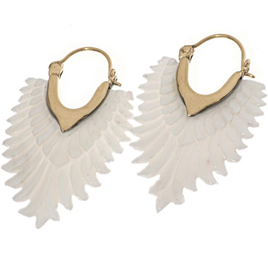 Gorgeous White Bison Bone Double Sided Hand Carving Brass Earrings, 1.8"