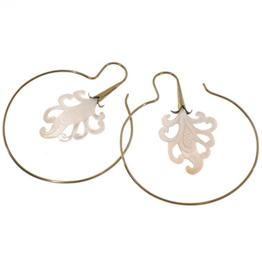 Ochid White Mother of Pearl Shell Double Hand Carving Hoop Earrings, 2.8"