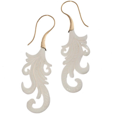 Double Sided Orchid Flower White Bison Bone Hand Carving Brass Earrings, 2.4"