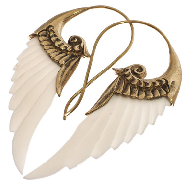 Double Sided Wing White Bison Bone Hand Carving Brass Earrings, 3.3"