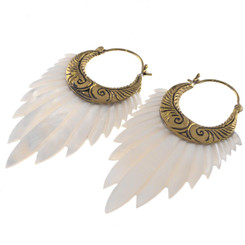 Double Sided White Mother of Pearl Shell Chandelier Carving Earrings, 2 3/4"