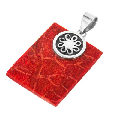 925 Silver Square Genuine Red Coral Bali Sterling Pendant, 1 9/16"