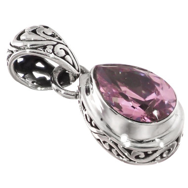 925 Silver Pear Teardrop Pink CZ Sterling Scroll Filigree Pendant, 0.9"