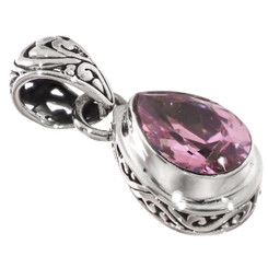 925 Silver Pear Teardrop Pink CZ Sterling Scroll Filigree Pendant, 0.9"