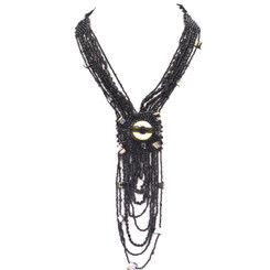 Long Handmade Mother Of Pearl Black Glass Seed Bead Necklace