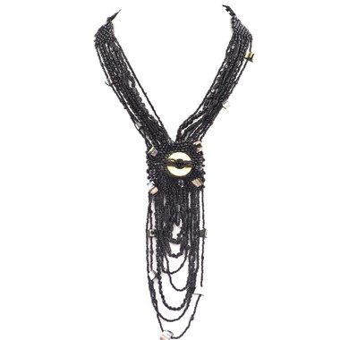 Long Handmade Mother Of Pearl Black Glass Seed Bead Necklace