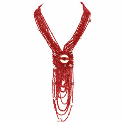 Long Handmade Mother Of Pearl Coral Red Glass Seed Beads Necklace