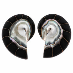 925 Silver Pearlescent Center Black Nautilus Shell Sterling Stud Earrings, 1.1"